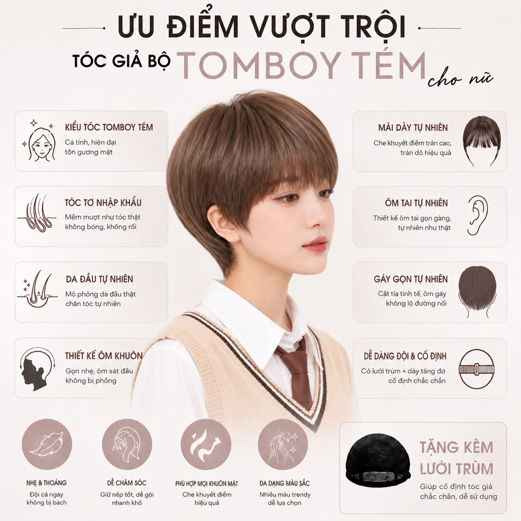 [TẶNG LƯỚI TRÙM] TÓC GIẢ HÀN QUỐC TOMBOY/ TÓC TÉM NGẮN NĂNG ĐỘNG TỰ NHIÊN CHẤT TƠ CAO CẤP LƯỚI HOA