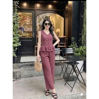 Bộ đồ nữ quần suông phối áo Lumper - thanh lịch, tôn dáng chất đũi vân mây full size 39-70kg