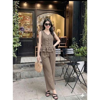 Bộ đồ nữ quần suông phối áo Lumper - thanh lịch, tôn dáng chất đũi vân mây full size 39-70kg