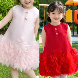 Váy công chúa bé gái sát nách đi tiệc C6794 – váy tafta lụa phối nơ mix chân lưới 2 màu đỏ hồng, size 1-10 tuổi 8-31kg