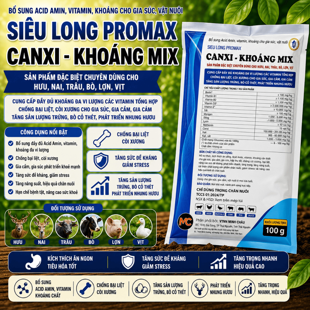 CANXI KHOÁNG MIX 100 Gram Giải pháp bổ sung khoáng – vitamin toàn diện cho gia súc, gia cầm