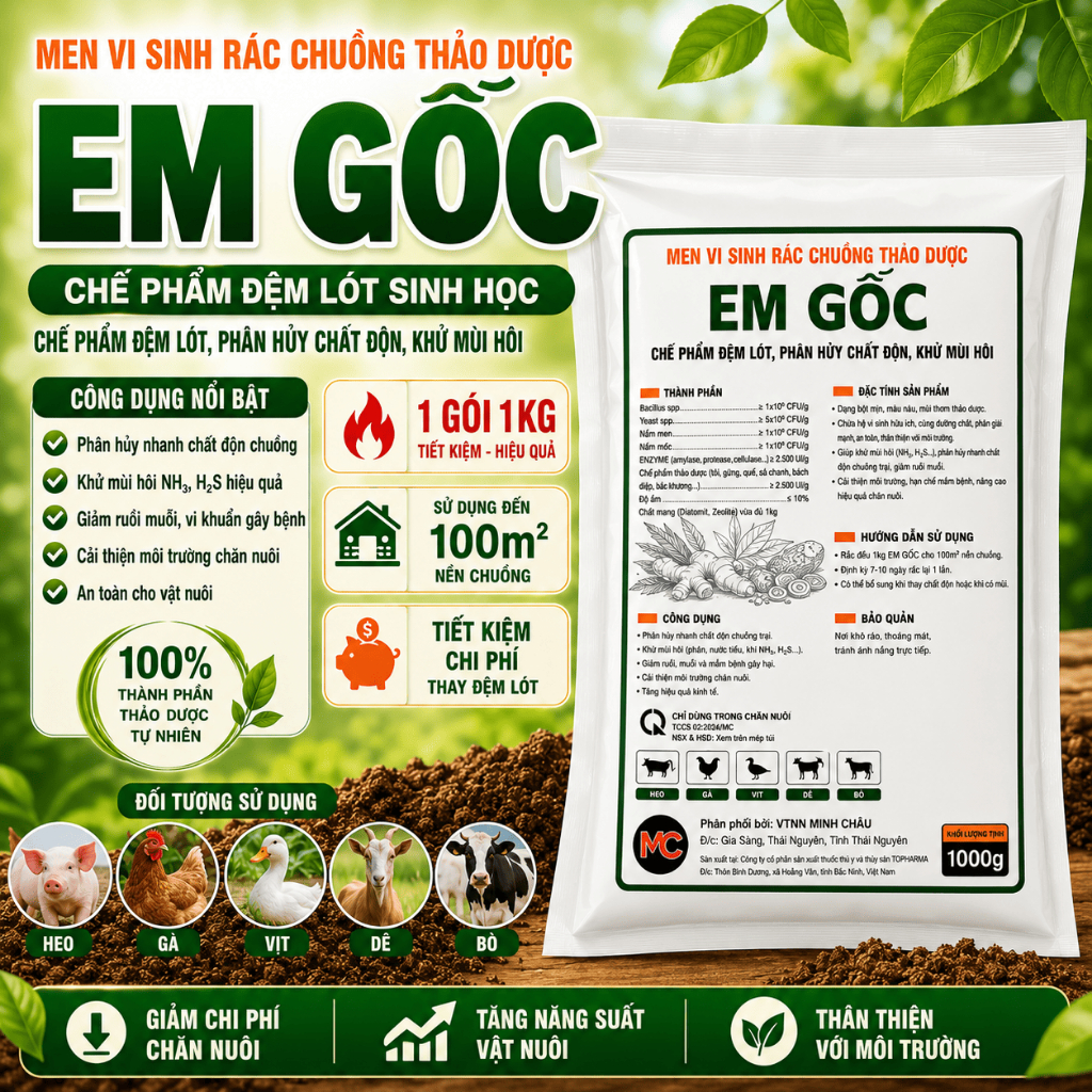 [Freeship Xtra] Gói 1 Kg Men Vi Sinh Rắc Chuồng Thảo Dược EM GỐC khử mùi hôi, hấp thu khí độc, giảm mầm bệnh