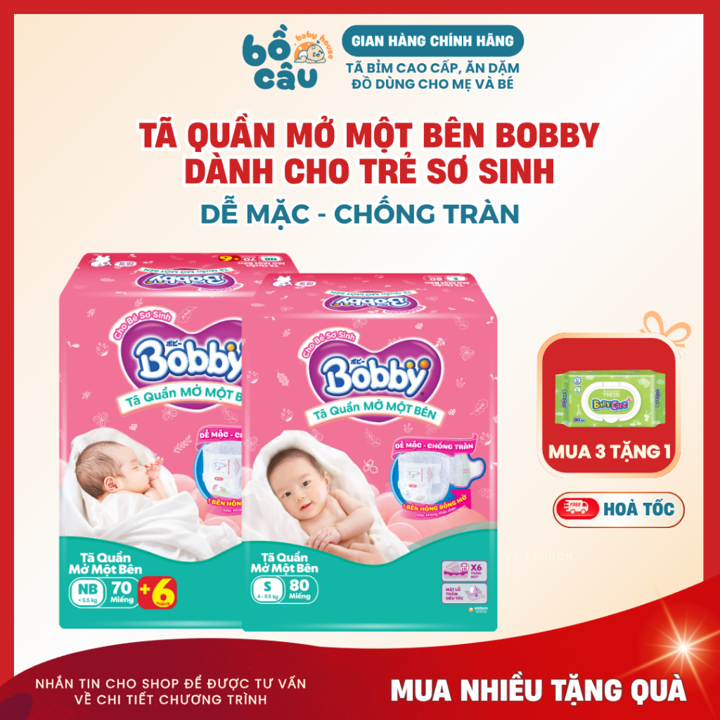 Tã Quần Mở Một Bên/Tã dán Bobby Chính Hãng cho bé Sơ sinh NB70+6/S80/M76 Mềm Mại, Dễ Mặc, Chống Tràn