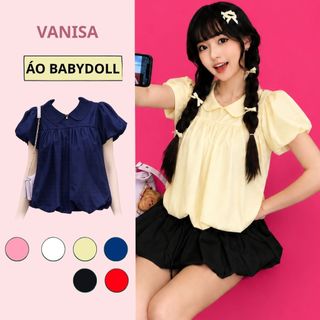 Áo cổ sen nữ dáng bí tay ngắn phồng dáng suông che bụng đen xanh vàng hồng VANISA SM105