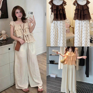 SEP House - Set tơ voan tầng viền ren tay hến cột nơ phối quần dài rộng lưng chun nhẹ nhàng tiểu thư - Hàng loại 1