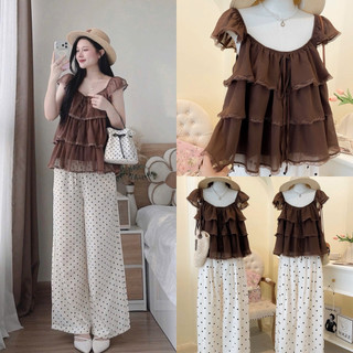 SEP House - Set tơ voan tầng viền ren tay hến cột nơ phối quần dài rộng lưng chun nhẹ nhàng tiểu thư - Hàng loại 1