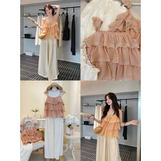 SEP House - Set tơ voan tầng viền ren tay hến cột nơ phối quần dài rộng lưng chun nhẹ nhàng tiểu thư - Hàng loại 1