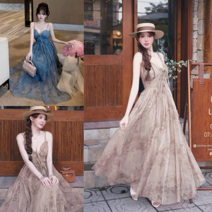 Váy tơ 2 dây loang dáng xòe V332 SM xanh, nâu