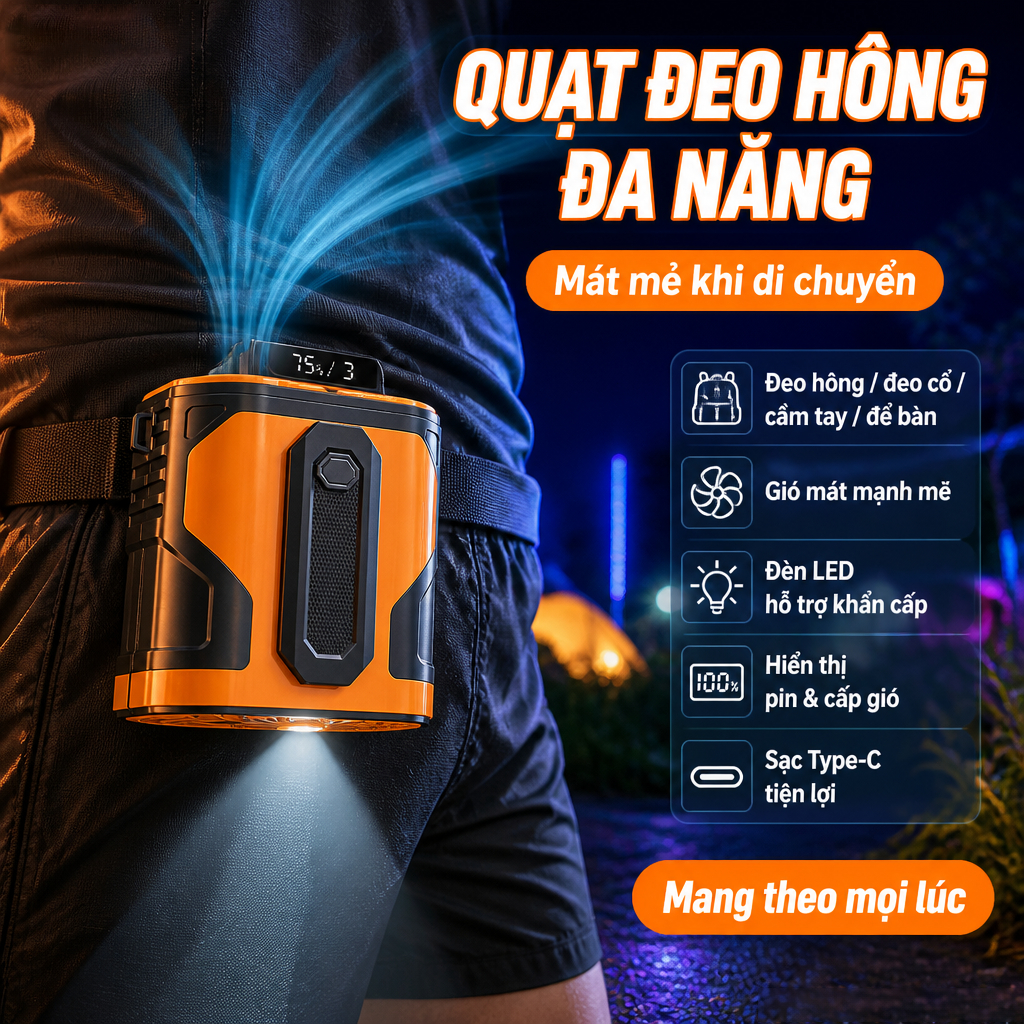 Quạt đeo thắt lưng, quạt làm mát ngoài trời cầm tay USB dạng kẹp, thời lượng pin dài, có đèn ngủ nhỏ