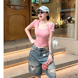Áo thun mềm cổ u viền cộc co giãn