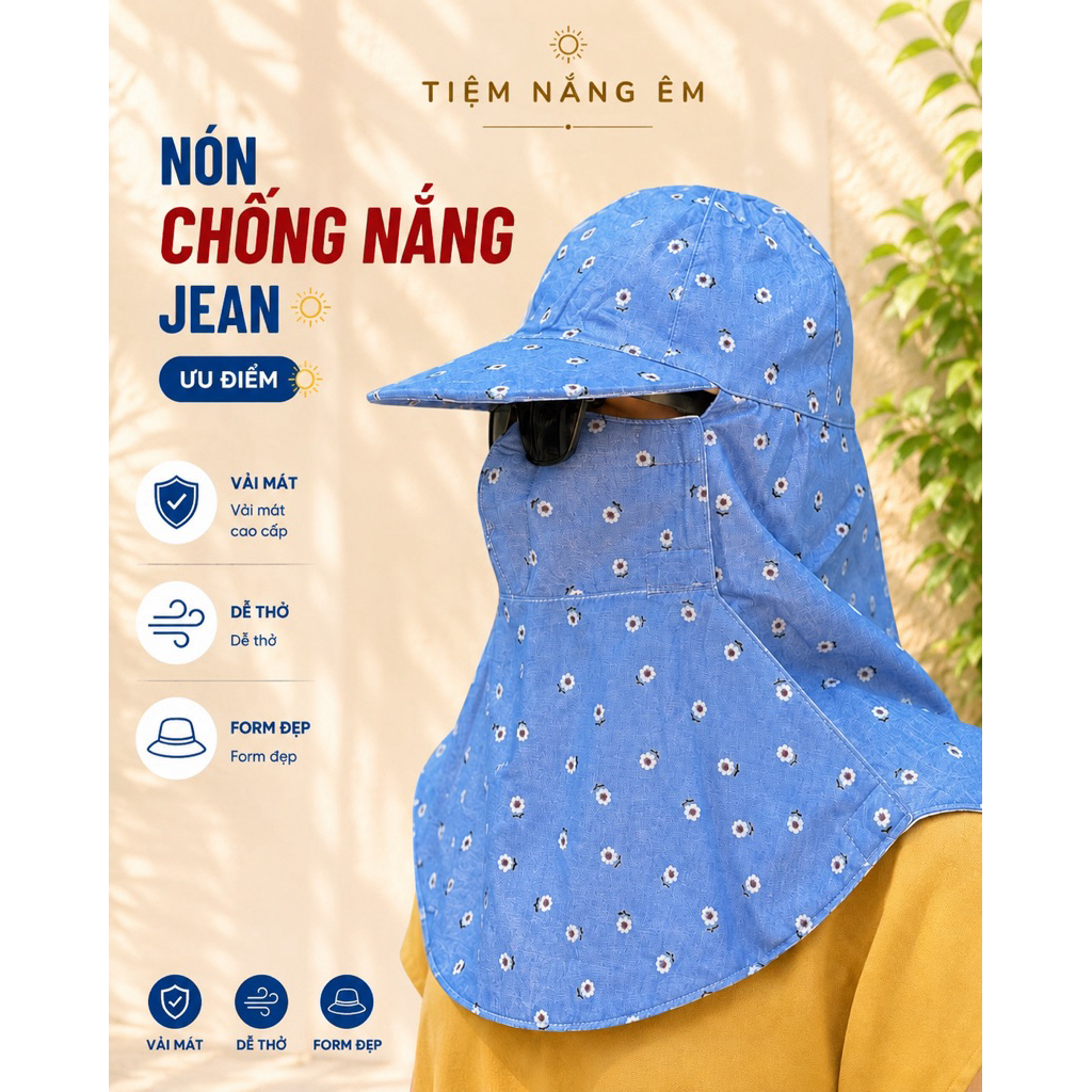 Nón mũ chống nắng jean thời trang – dây kéo/miếng dán, thoáng mát freesize
