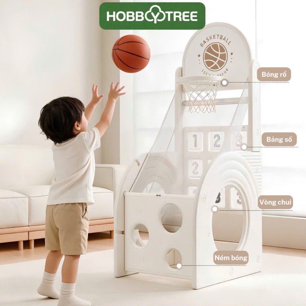 Khung chơi bóng rổ vận động đa năng cao cấp HOBBY TREE kết hợp golf, hình học, khoang chui cho bé