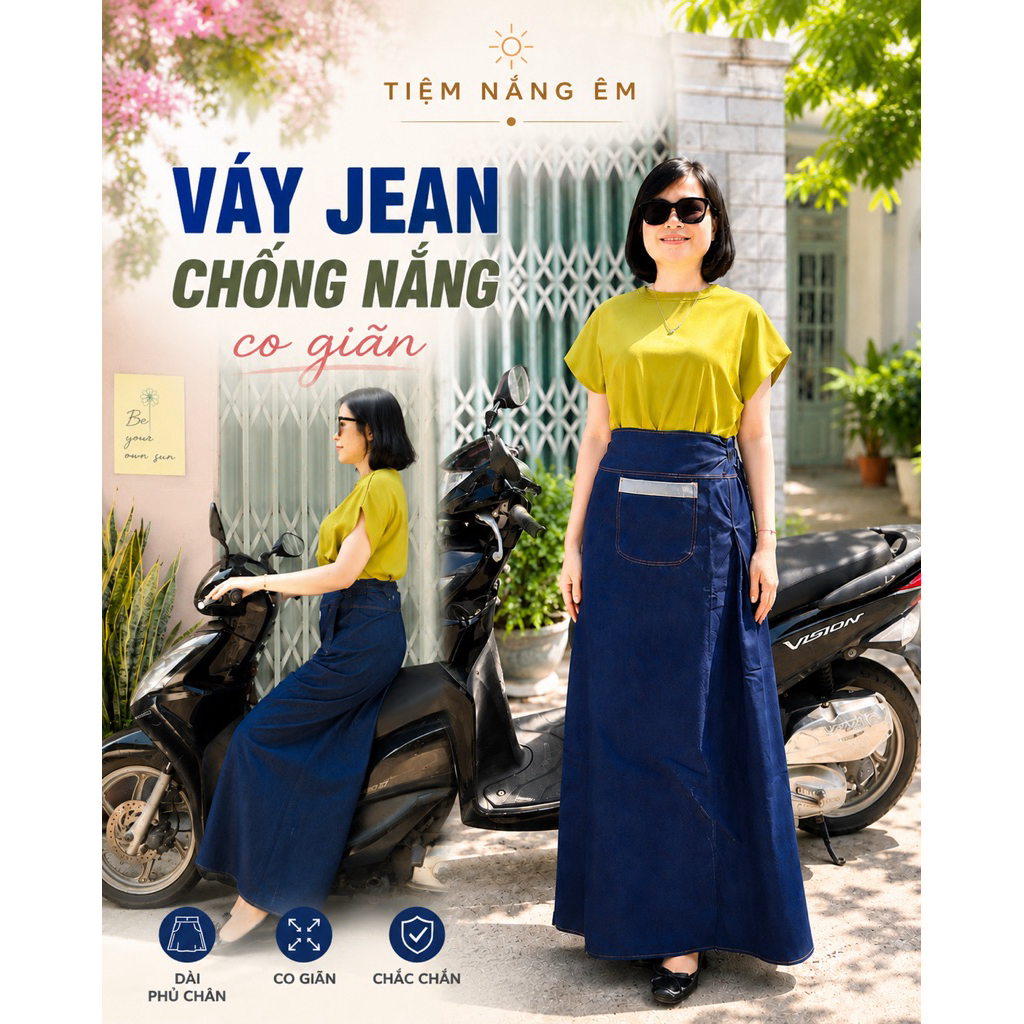 Váy Chống Nắng Jean Co Giãn Freesize Dài 98cm Phủ Chân, Nút Bấm + Miếng Dán Cho Nữ