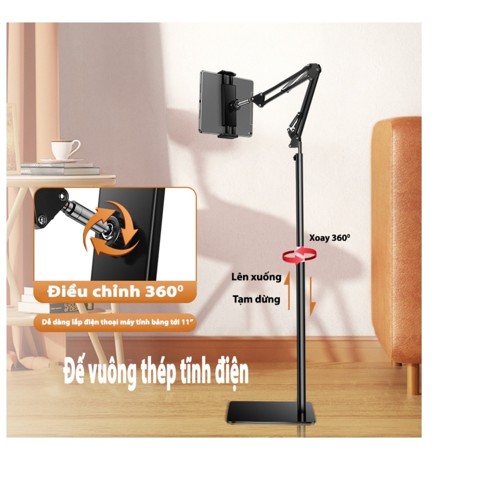 Giá đỡ ipad, kẹp điện thoại có đế thân đứng sàn hợp kim nhôm nâng cấp xoay 360 đa năng quay video, xem phim, livestream