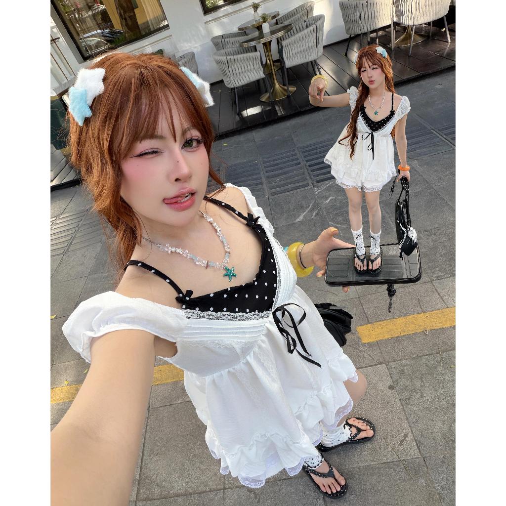 [FREESIZE 40-60kg] Áo Babydoll cổ V phối yếm dáng xoè GUMIE tay bí phồng mùa hè - A26GM