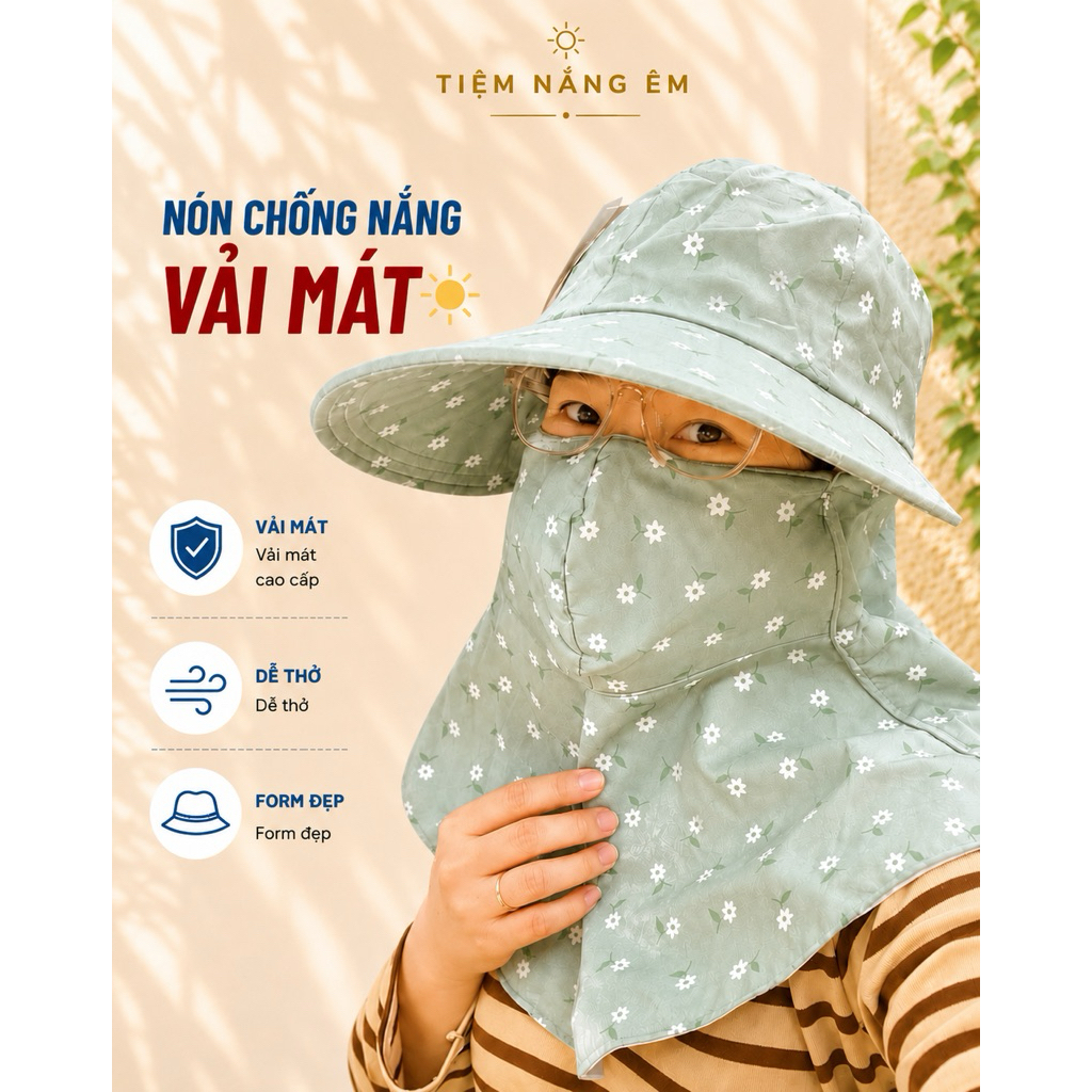 Nón Mũ Chống Nắng Nữ Vành To Khẩu Trang Thoáng Vải Đẹp Mát