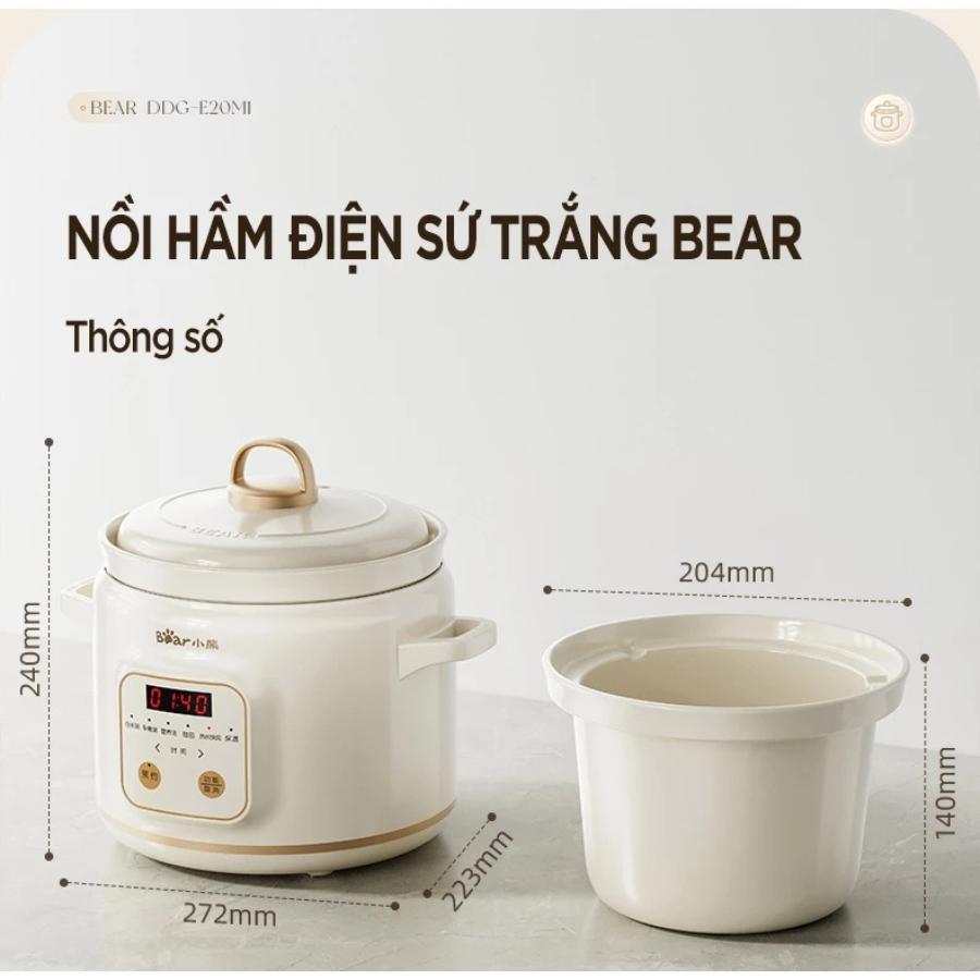 Nồi Nấu Chậm Bear DDG-E20M1 (SC-4H20Q) - 2L 175W, Lòng Gốm Sứ, 6 Chế Độ Tích Hợp - Hàng Chính Hãng