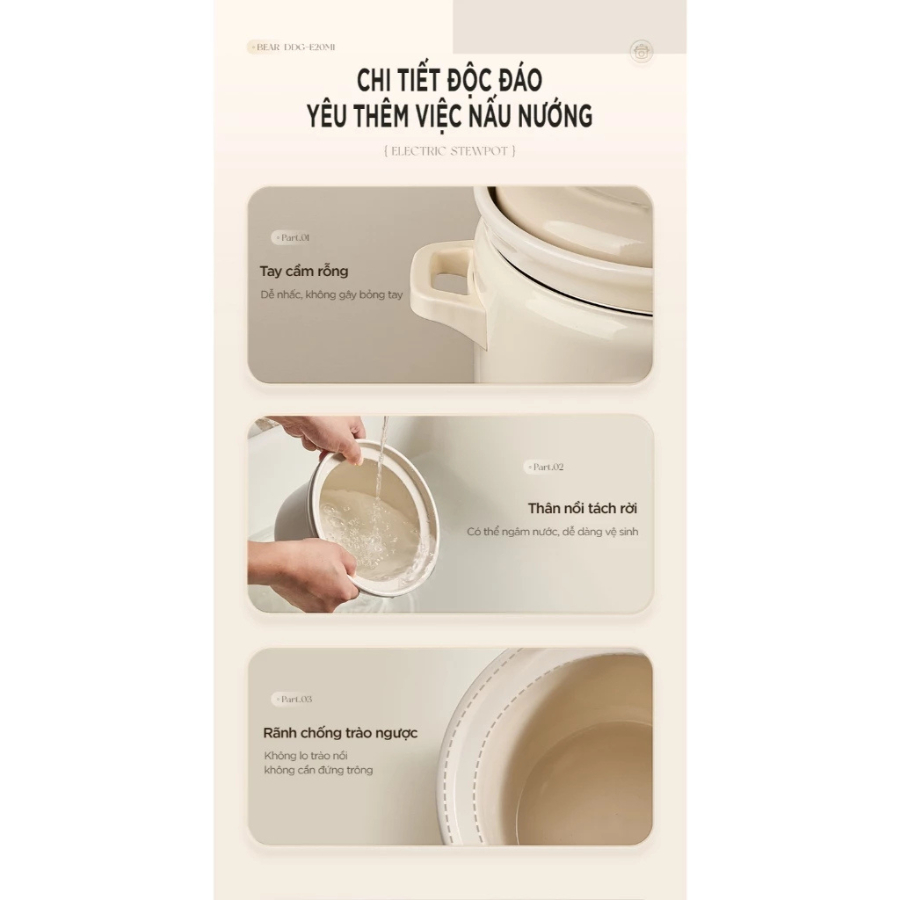 Nồi Nấu Chậm Bear DDG-E20M1 (SC-4H20Q) - 2L 175W, Lòng Gốm Sứ, 6 Chế Độ Tích Hợp - Hàng Chính Hãng