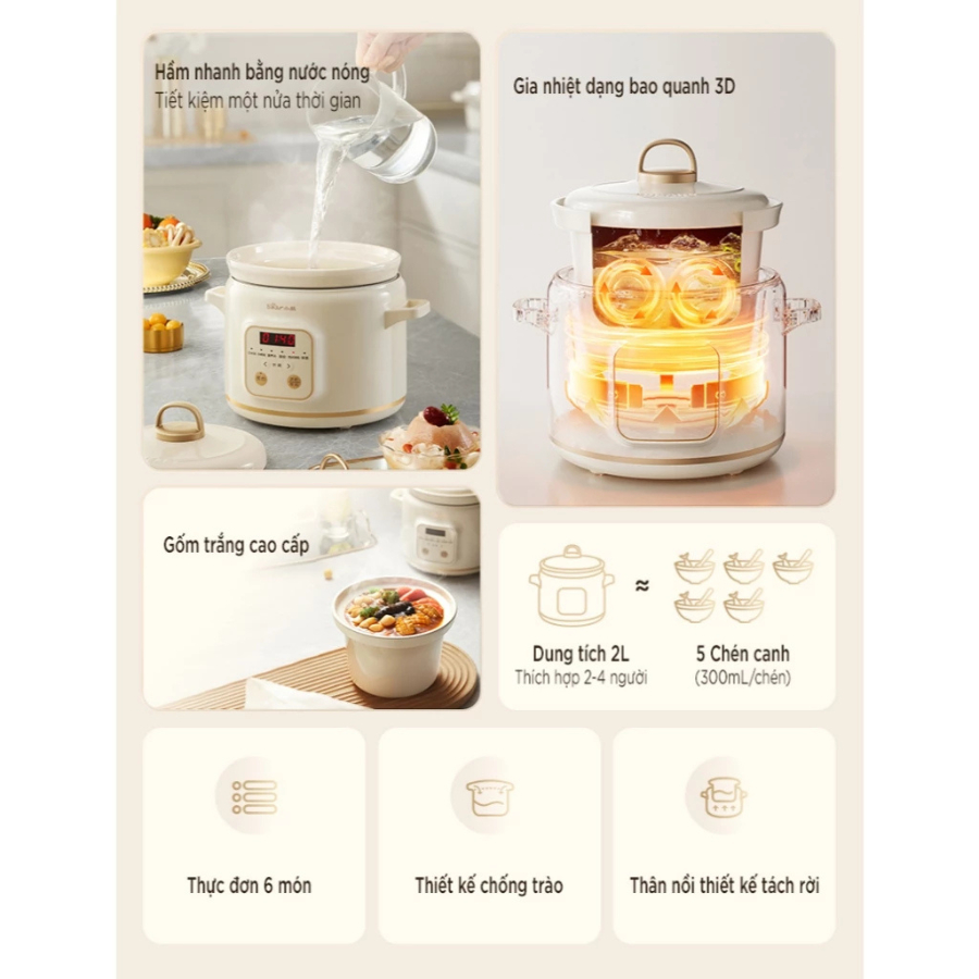 Nồi Nấu Chậm Bear DDG-E20M1 (SC-4H20Q) - 2L 175W, Lòng Gốm Sứ, 6 Chế Độ Tích Hợp - Hàng Chính Hãng