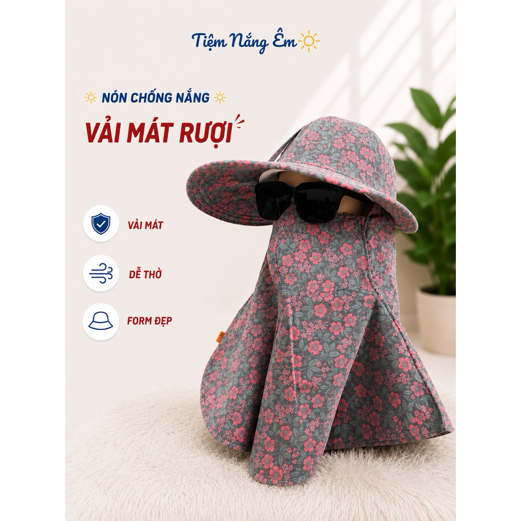Nón Mũ Chống Nắng  Vành To UV Khẩu Trang Cao Cấp, Che Kín Mặt, Miếng Dán Dây Kéo