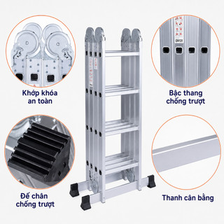 REAIM Thang nhôm gấp  4 đoạn nhập khẩu  3,7 4.7 5,7 mét đa năng khóa chốt tự động Chịu Lực 300KG Bảo hành 2 năm