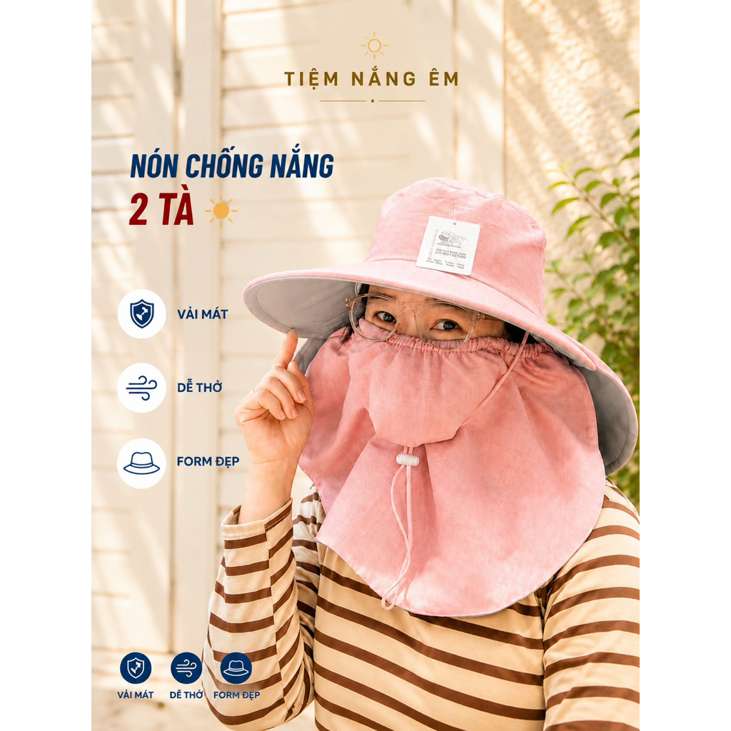 Nón Mũ Chống Nắng Vải Mát, Che kín Freesize, Dây Rút, Thoáng