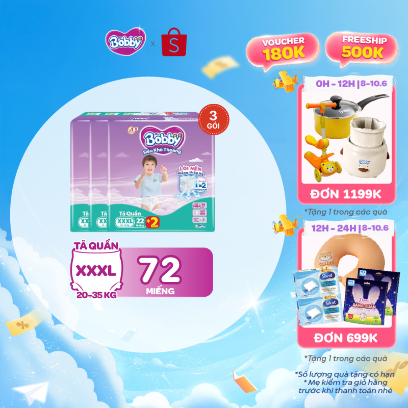 Combo 03 gói tã quần Bobby Siêu Khô Thoáng - 100% Thoáng Khí Jumbo S46/M42/L36/XL32/XXL28/XXXL22