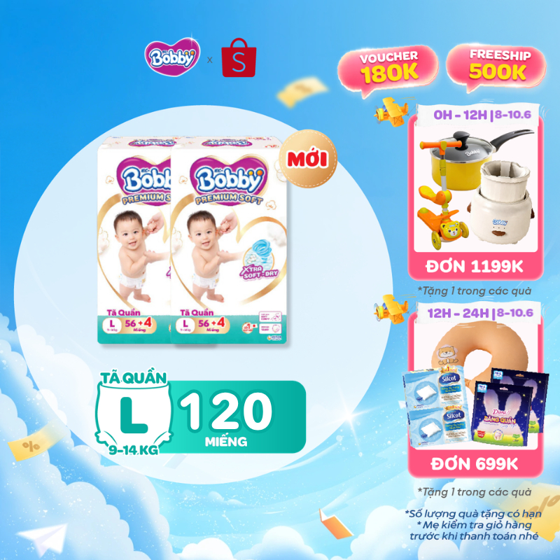 [Tặng 4 miếng] Combo 2 gói tã quần Bobby Premium Soft size M60/L56/XL52 ...
