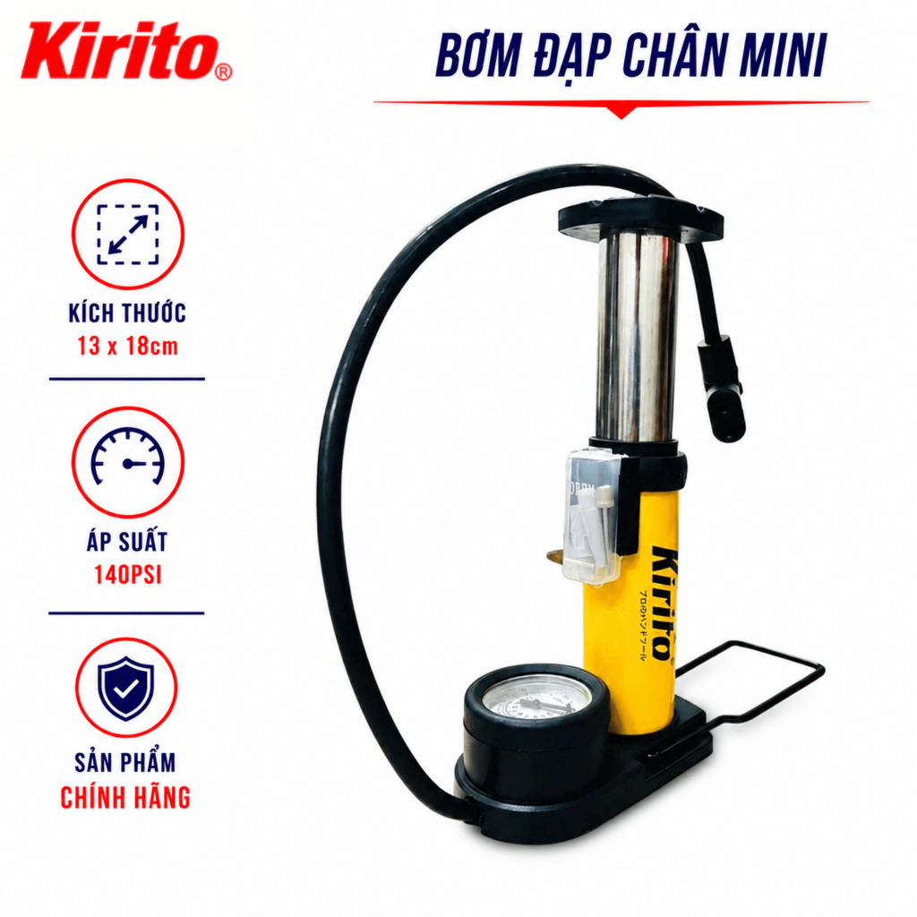 Bơm Đạp Chân Mini Kirito 140PSI Gấp Gọn, Có Đồng Hồ Đo Áp Suất, Bỏ Cốp Xe Tiện Lợi