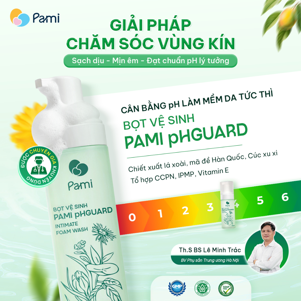 Dung dịch vệ sinh phụ nữ dạng bọt Mochi siêu mịn Pami pHGuard 50ml dưỡng ẩm cân bằng pH, giảm vi khuẩn