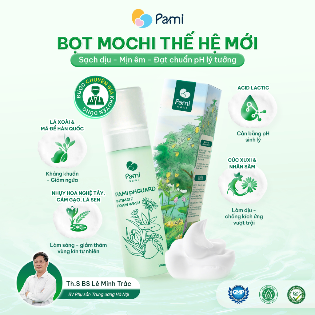 Dung dịch vệ sinh phụ nữ dạng bọt Mochi siêu mịn Pami pHGuard 50ml dưỡng ẩm cân bằng pH, giảm vi khuẩn