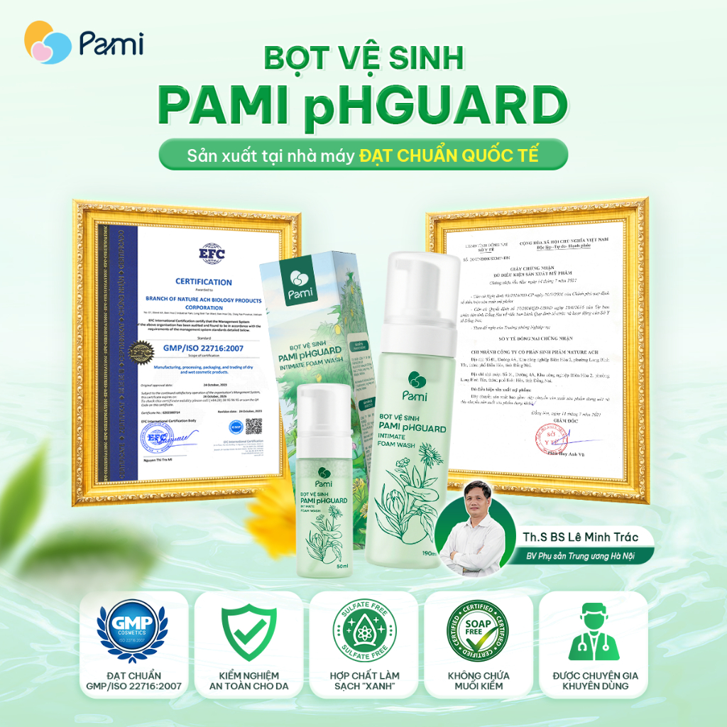 Dung dịch vệ sinh phụ nữ dạng bọt Mochi siêu mịn Pami pHGuard 50ml dưỡng ẩm cân bằng pH, giảm vi khuẩn