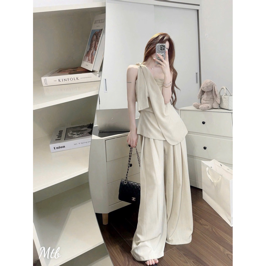 Set áo lệch vai sang chảnh phối quần ống rộng, dáng suông thanh lịch đi chơi