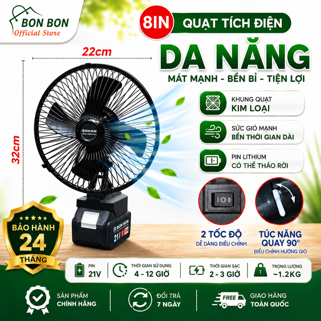 Quạt Tích Điện Xoay 90 Độ,Pin 10cell,20Cell, 30 cell Sử Dụng Chân Pin Phổ Thông, 2 Mức Gió, Kích Thước 8 Inch