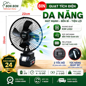 Quạt Tích Điện Xoay 90 Độ,Pin 10cell,20Cell, 30 cell Sử Dụng Chân Pin Phổ Thông, 2 Mức Gió, Kích Thước 8 Inch