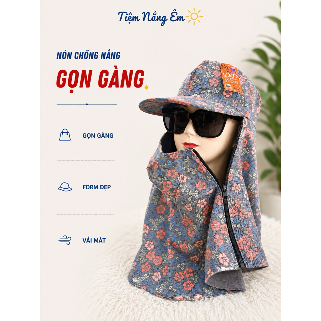 Nón Mũ Khẩu Trang Chống Nắng Vành Nhỏ Gọn – Che Kín Mặt Dễ Thở, Miếng Dán Dây Kéo