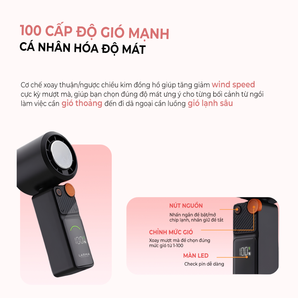 Quạt Mini Cầm Tay Sò Lạnh Larma Neo Turbo S, 100 Cấp Độ Gió, Chip Lạnh Ice Cool, Màn Hình LED, Pin Đến 7 Giờ, Nhẹ 186 | BigBuy360 - bigbuy360.vn