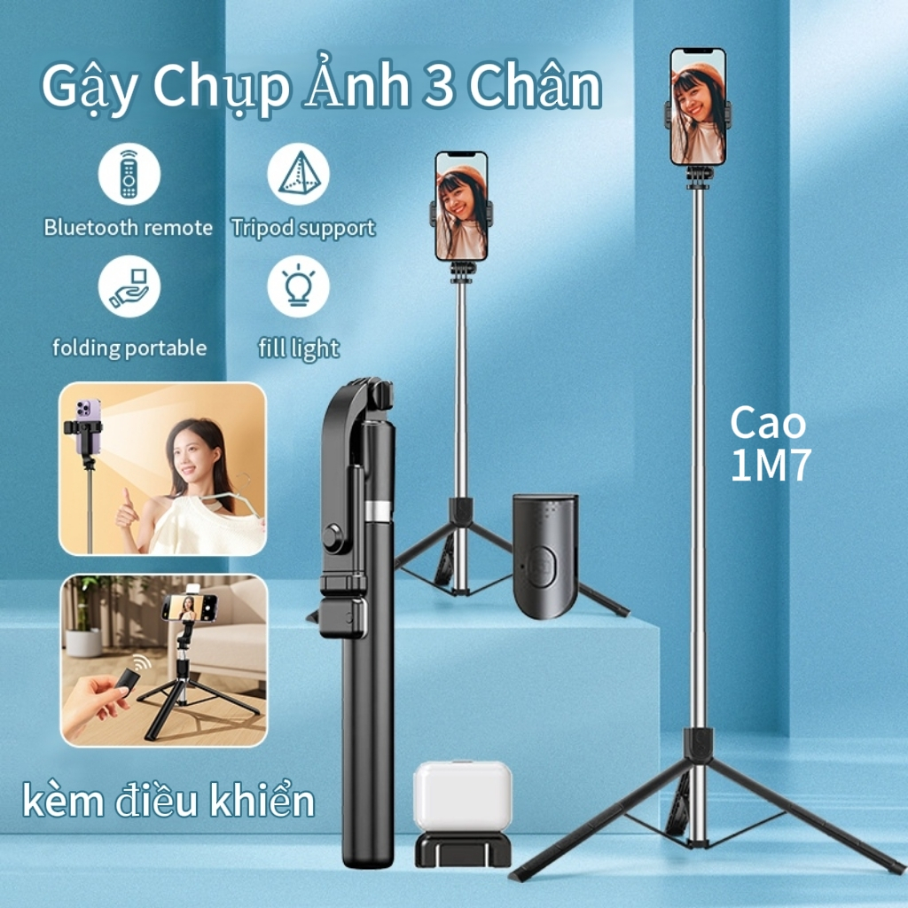Gậy chụp ảnh 3 chân 1M75 Selfie,cầm tay,Tripod điện thoại có điều khiển từ xa có đèn cho livestream
