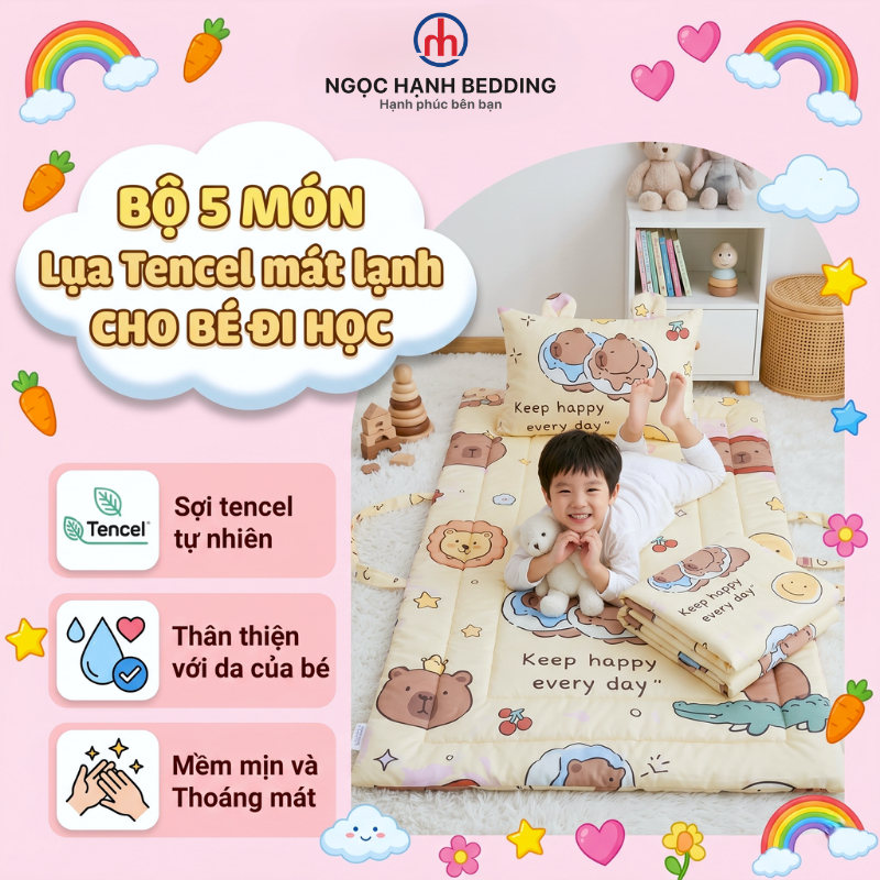 [Mẫu mới 2026] Bộ Chăn Ga Gối Cho Bé Đi Học 5 Món Lụa Tencel Mát Lạnh Ngọc Hạnh Bedding - Nệm Ngủ Trưa Mẫu Giáo Cao Cấp