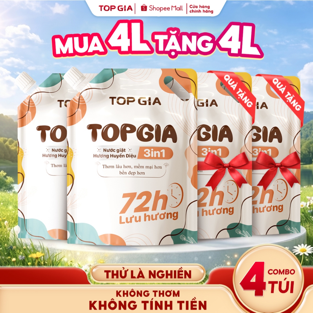 [MUA 4L TẶNG 4L] Nước Giặt Xả TopGia 3in1 Hương Huyền Diệu An Toàn Dịu Nhẹ, Lưu Hương 72H, Túi 2L