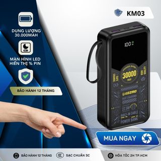 Sạc Dự Phòng Kozmo KM03 - Chuẩn 3C Quốc Tế, 30.000mAh, Dung Lượng Thật, Sạc 3-4 Lần Cho IP 14Promax