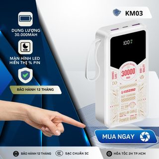 Sạc Dự Phòng Kozmo KM03 - Chuẩn 3C Quốc Tế, 30.000mAh, Dung Lượng Thật, Sạc 3-4 Lần Cho IP 14Promax