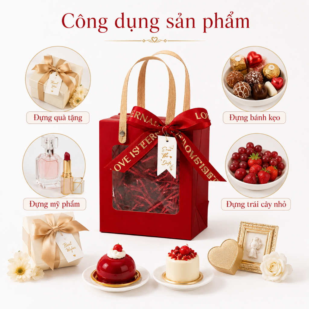 Set 25 Hộp Quà Cửa Sổ Mica Màu Đỏ Đựng Quà Sinh Nhật Có Quai Xách Chắc Chắn
