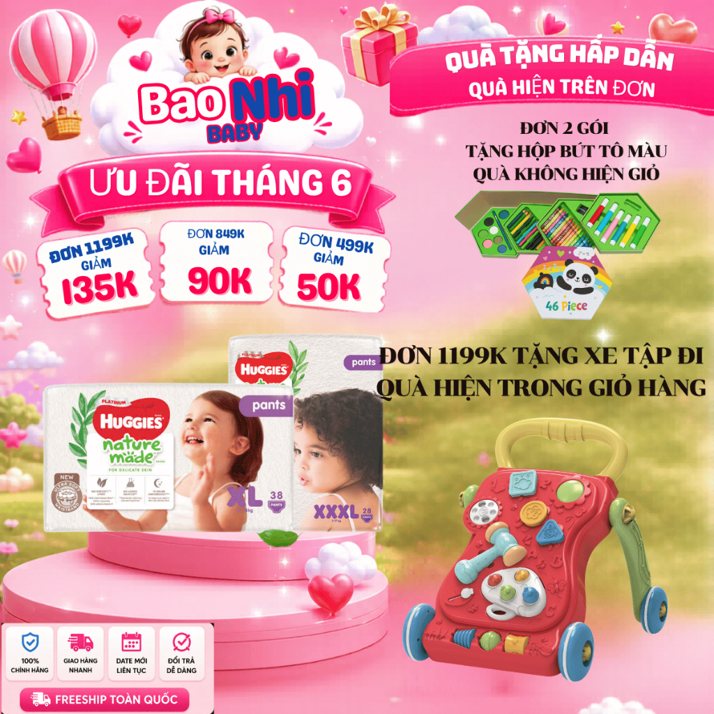 Tã Dán Cao Cấp Huggies Nature Made gói lẻ Size NB 60+3/S82+3/M64+3/L54+3,Thông thoáng cho da, thấm hút,an toàn dịu nhẹ