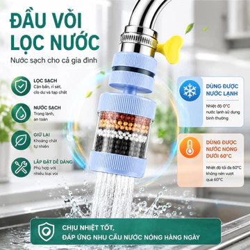 Đầu lọc nước tại vòi với 6 lớp lọc, lọc sạch cặn bẩn- clo dư, giữ lại khoáng chất, tiết kiệm nước, dễ lắp đặt tại nhà