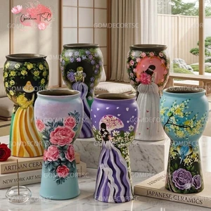 Bình Hoa Gốm Sứ Bát Tràng Dáng Ly 36cm Vẽ Thủ Công Cô Gái 3D Trang Trí Phòng Khách GomDecorTSC
