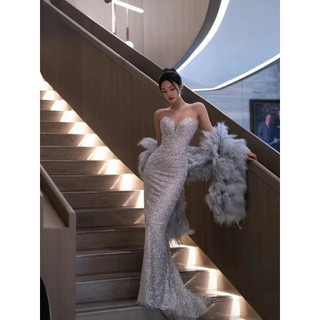 Váy Dạ Hội Xám Lông Vũ Cao Cấp Đầm Dự Tiệc Sang Trọng Váy MC Sự Kiện Đính Hôn Sinh Nhật Biểu Diễn