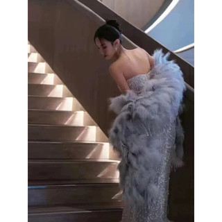 Váy Dạ Hội Xám Lông Vũ Cao Cấp Đầm Dự Tiệc Sang Trọng Váy MC Sự Kiện Đính Hôn Sinh Nhật Biểu Diễn