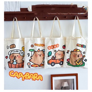 Túi tote có khóa in hình Cappybara hình hoa dễ thương túi vải canvas tote nhiều họa tiết hoạt hình thời trang tota0329