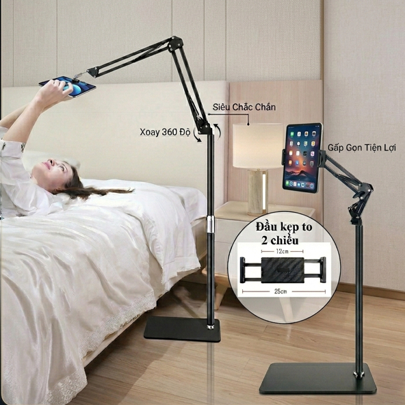 Chân đỡ ipad, Giá kẹp điện thoại đa năng hợp kim nhôm chỉnh xoay 360° đế đúc chắc chắn quay video, giải trí chống rung